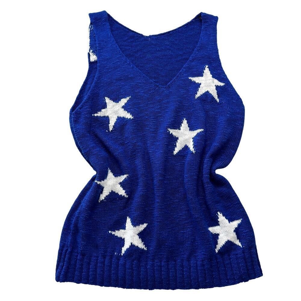 Coastal Summer Blue & White Knit Star Tank Size Medium Women's USA 4th of July